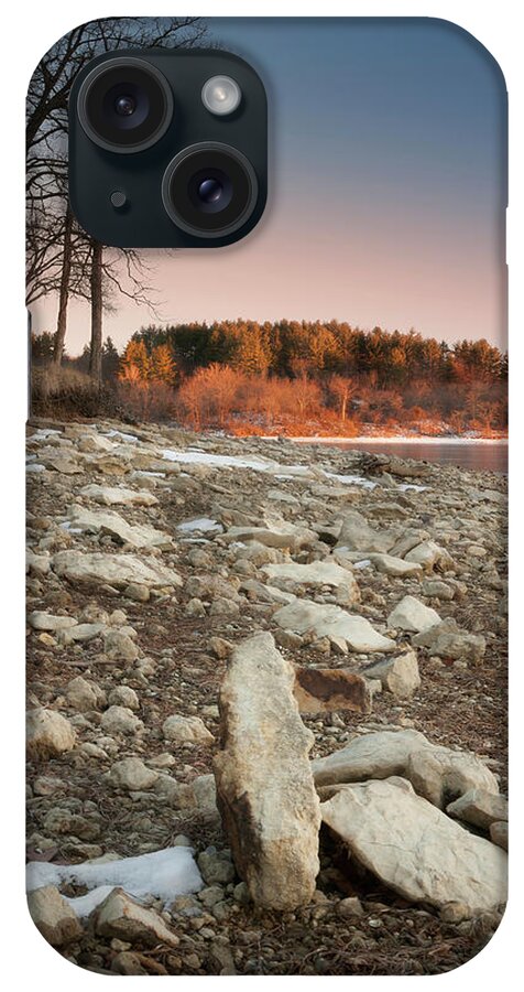 Orange Color iPhone Case featuring the photograph Sunset Over Rocky Lake Shore #1 by Creative improv