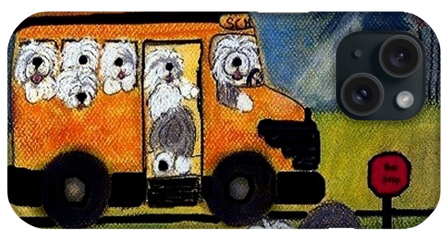 Old English Sheepdog iPhone Case featuring the mixed media Wigglebottom Bus #1 by Cathy Howard