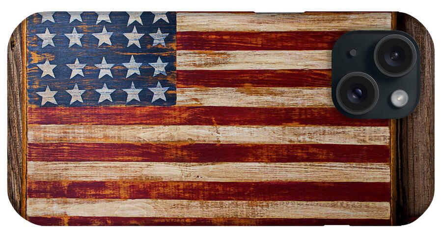 Wood iPhone Case featuring the photograph Wooden American Flag On Wood Wall #1 by Garry Gay