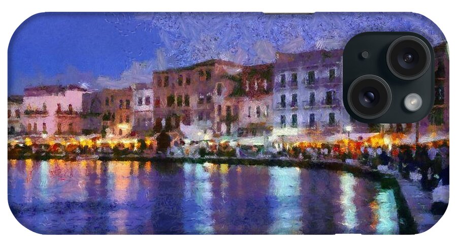Chania; Hania; Crete; Kriti; Town; Old; City; Port; Harbor; Venetian; Greece; Hellas; Greek; Hellenic; Islands; Dusk; Twilight; Night; Lights; Sea; People; Tourists; Walk; Walking; Color; Colour; Colorful; Colourful; Light; Pole; Island; Hotels; Taverns; Restaurants; Holidays; Vacation; Travel; Trip; Voyage; Journey; Tourism; Touristic; Summer; Paint; Painting; Paintings; Reflection; Reflections iPhone Case featuring the painting Painting of the old port of Chania #1 by George Atsametakis