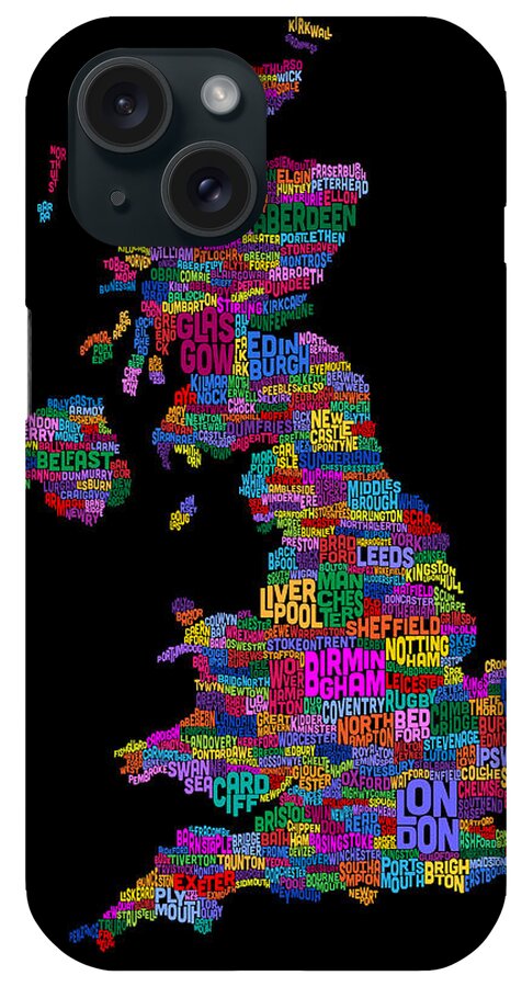 United Kingdom iPhone Case featuring the digital art Great Britain UK City Text Map #14 by Michael Tompsett
