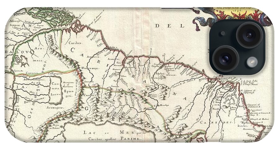 This Is N. Sanson's Remarkable 1656 Map Of The Northwestern Parts Of South America iPhone Case featuring the photograph 1656 Sanson Map of Guiana Venezuela and El Dorado by Paul Fearn