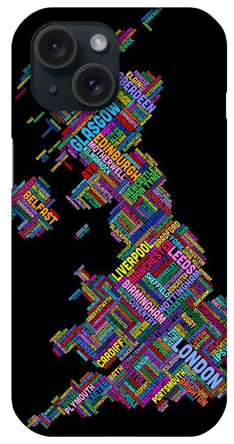 United Kingdom iPhone Case featuring the digital art Great Britain UK City Text Map #18 by Michael Tompsett