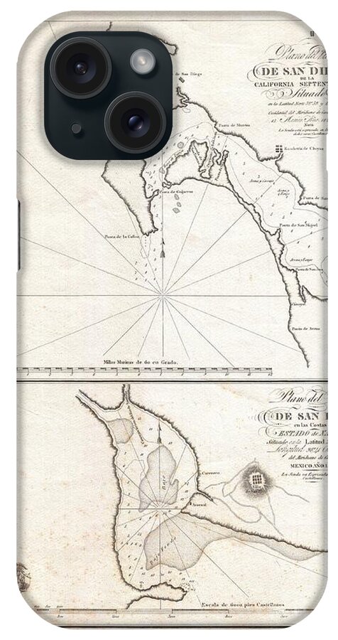 This Is An Exceptionally Rare And Early Map Of San Diego Bay iPhone Case featuring the photograph 1825 Victoria Map of San Diego California and San Blas Mexico by Paul Fearn