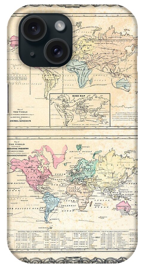 1855 iPhone Case featuring the photograph 1855 Antique First Plate Ortelius World Map Animal Kingdom World Commerce and Navigation by Karon Melillo DeVega