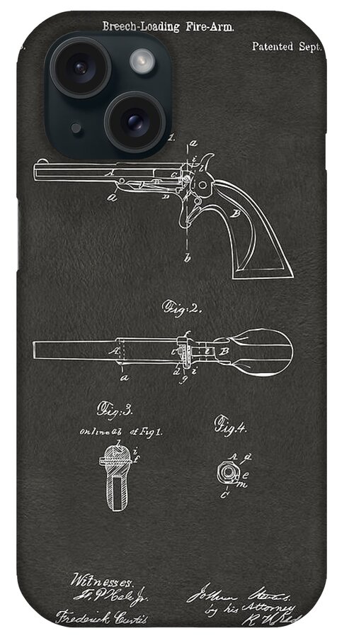 Breech Loader iPhone Case featuring the digital art 1864 Breech Loading Pistol Patent Artwork - Gray by Nikki Marie Smith