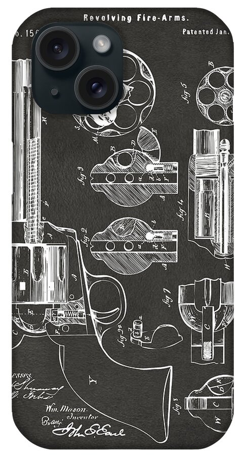 Colt Peacemaker iPhone Case featuring the digital art 1875 Colt Peacemaker Revolver Patent Artwork - Gray by Nikki Marie Smith