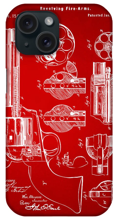 Colt 45 iPhone Case featuring the digital art 1875 Colt Peacemaker Revolver Patent Red by Nikki Marie Smith
