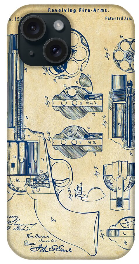 Colt iPhone Case featuring the digital art 1875 Colt Peacemaker Revolver Patent Vintage by Nikki Marie Smith