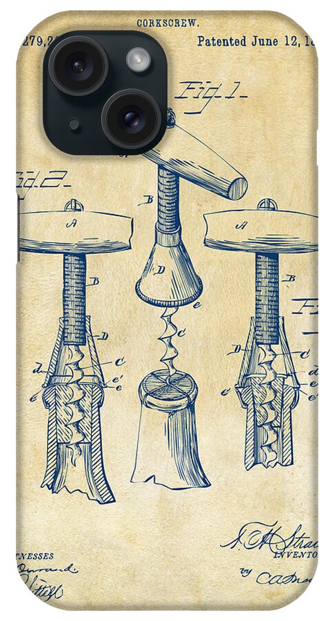 Corkscrew iPhone Case featuring the digital art 1883 Wine Corckscrew Patent Artwork - Vintage by Nikki Marie Smith