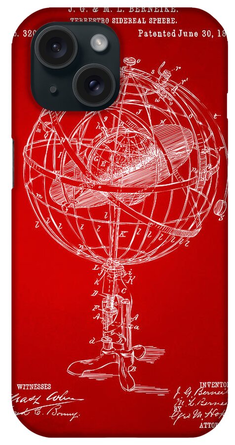 Globe iPhone Case featuring the digital art 1885 Terrestro Sidereal Sphere Patent Artwork - Red by Nikki Marie Smith