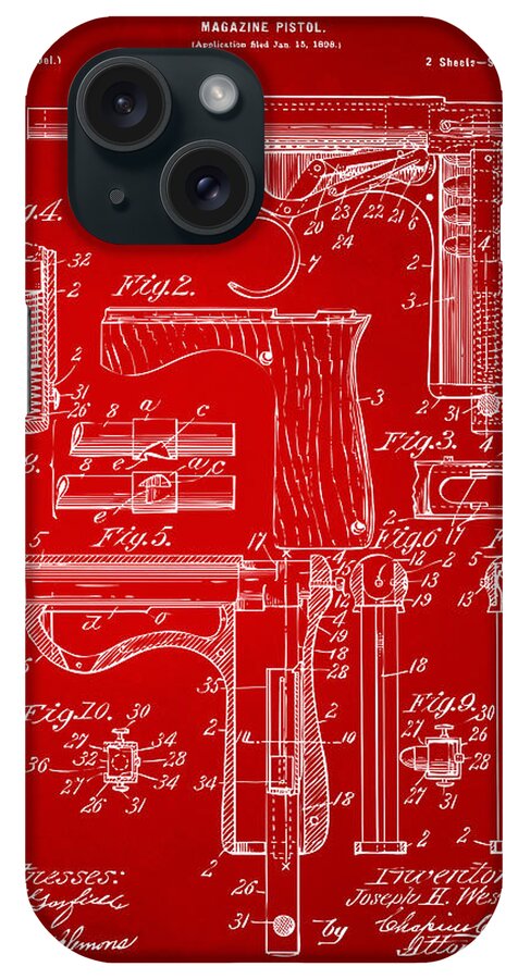 Wesson Pistol iPhone Case featuring the drawing 1898 Wesson Magazine Pistol Patent Artwork - Red by Nikki Marie Smith