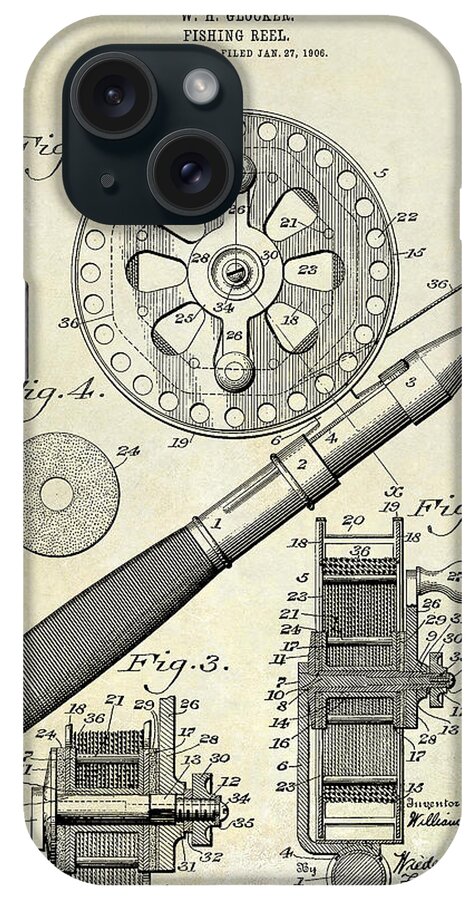 1906 Fishing Reel Patent Drawing iPhone Case by Jon Neidert - Pixels