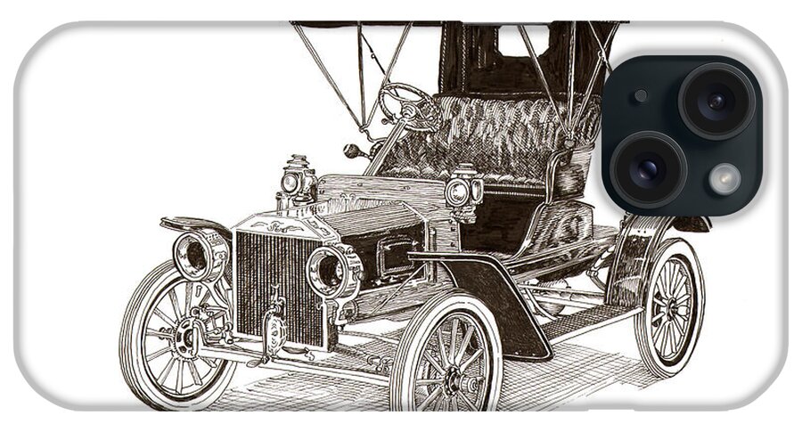 A Pen & Ink Drawing Of A 1908 Ford Model R Roadster iPhone Case featuring the drawing 1908 Ford Model R Runabout by Jack Pumphrey