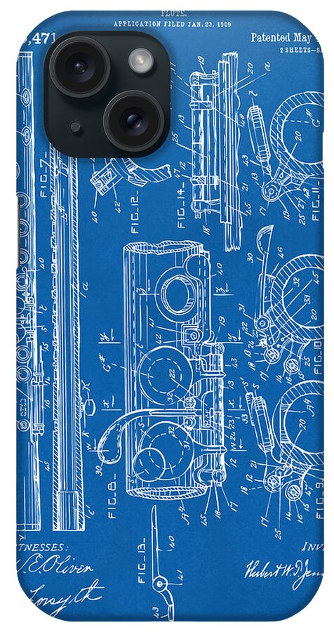 Flute iPhone Case featuring the digital art 1909 Flute Patent - Blueprint by Nikki Marie Smith