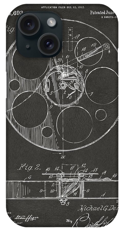1915 Movie Film Reel Patent Gray iPhone Case by Nikki Marie Smith - Pixels