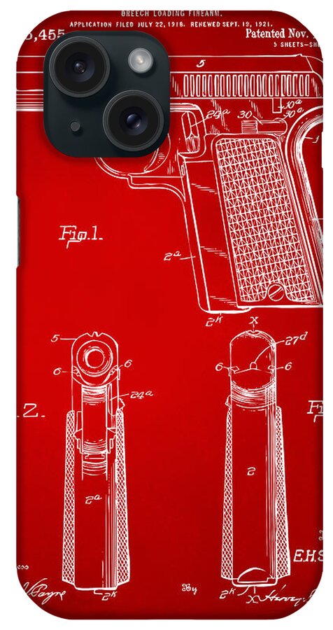 Pistol iPhone Case featuring the digital art 1921 Searle Pistol Patent Artwork - Red by Nikki Marie Smith