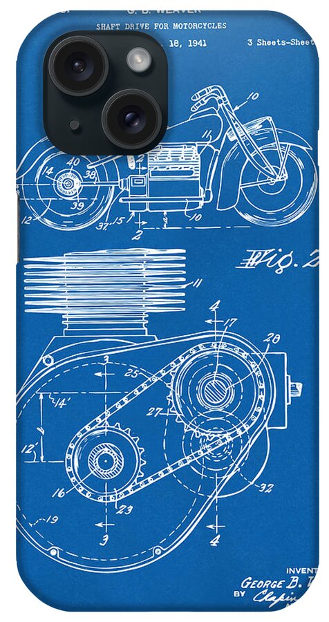 Indian Motorcycle iPhone Case featuring the digital art 1941 Indian Motorcycle Patent Artwork - Blueprint by Nikki Marie Smith
