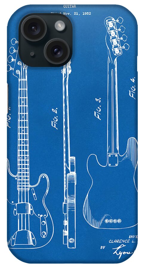 Fender Guitar iPhone Case featuring the drawing 1953 Fender Bass Guitar Patent Artwork - Blueprint by Nikki Marie Smith