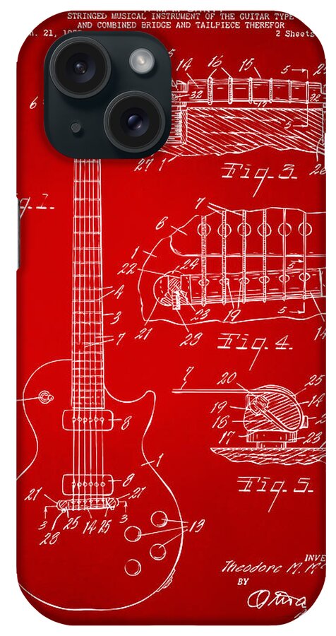 Guitar iPhone Case featuring the digital art 1955 McCarty Gibson Les Paul Guitar Patent Artwork Red by Nikki Marie Smith