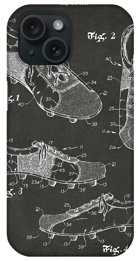 Soccer iPhone Case featuring the digital art 1980 Soccer Shoes Patent Artwork - Gray by Nikki Marie Smith