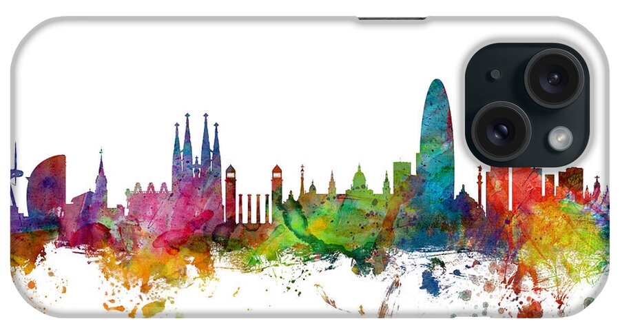 Barcelona iPhone Case featuring the digital art Barcelona Spain Skyline #2 by Michael Tompsett