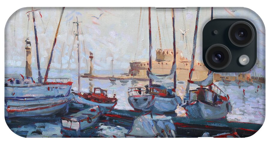 Boats iPhone Case featuring the painting Boats in Rhodes Greece #2 by Ylli Haruni