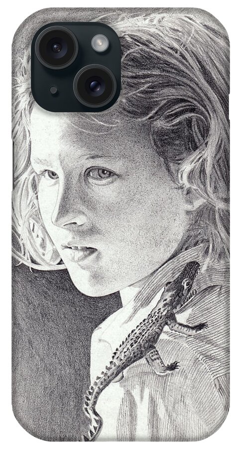 Girl iPhone Case featuring the drawing Girl with Toy Alligator #1 by Robert Tracy