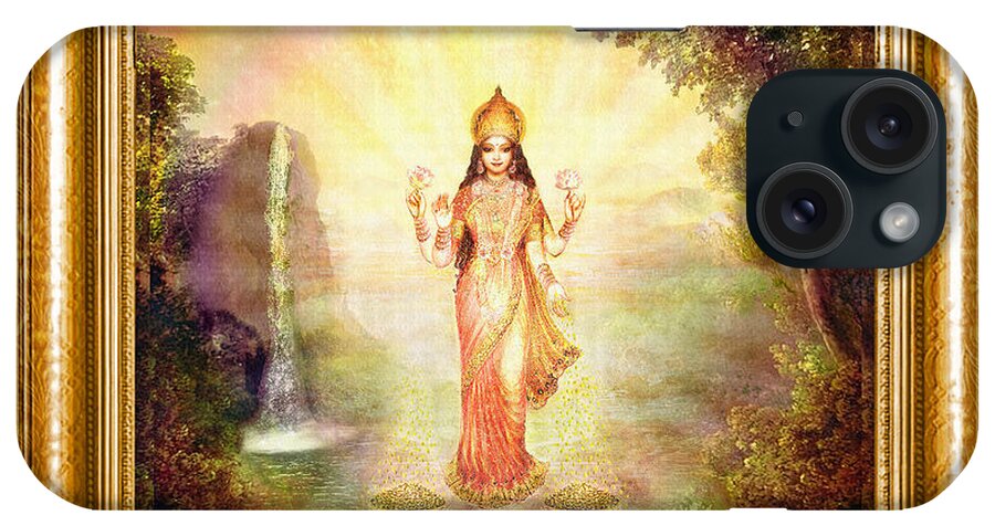 Goddess Painting iPhone Case featuring the mixed media Lakshmi with the Waterfall #3 by Ananda Vdovic