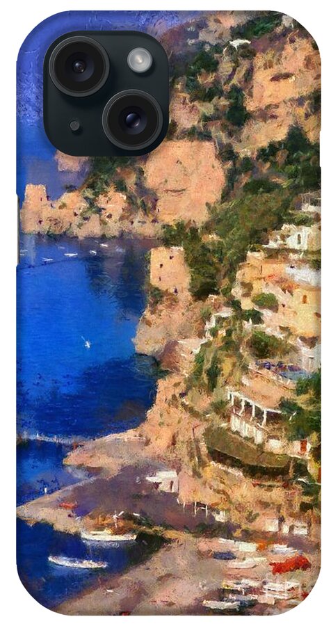 Positano iPhone Case featuring the painting Positano town in Italy #1 by George Atsametakis