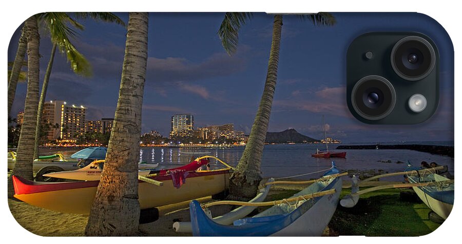 Waikiki Night City Lights Palmtrees Ocean Kayak Diamond Head iPhone Case featuring the photograph Waikiki #2 by James Roemmling