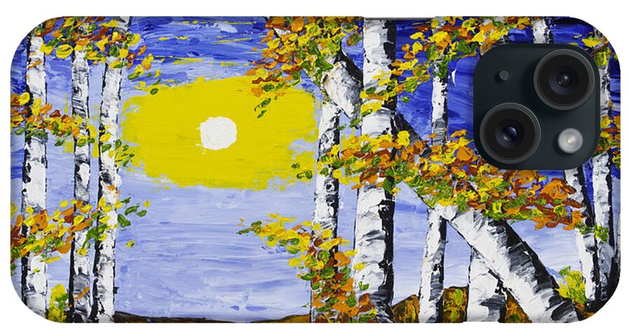 White iPhone Case featuring the painting White Birch Trees In Fall Abstract Painting #1 by Keith Webber Jr
