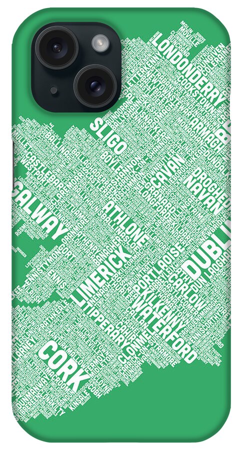 Ireland Map iPhone Case featuring the digital art Ireland Eire City Text map #3 by Michael Tompsett