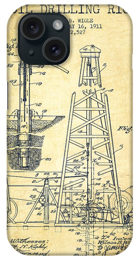 Oil iPhone Case featuring the drawing Vintage Oil drilling rig Patent from 1911 #6 by Aged Pixel