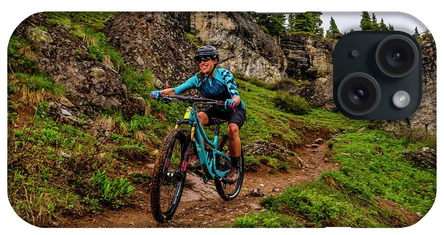 Ice Lakes Trail iPhone Case featuring the photograph Woman Mountain Biker Rides Downhill #3 by Kyle Ledeboer