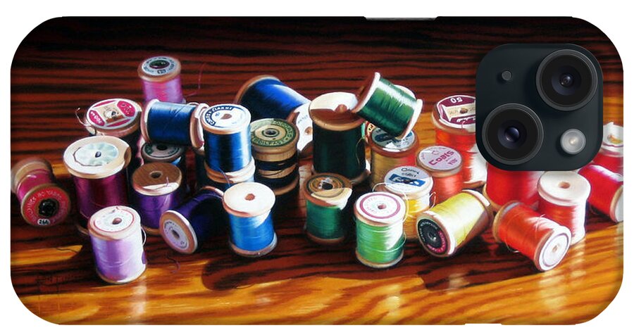 Thread iPhone Case featuring the painting 30 Wooden Spools by Dianna Ponting