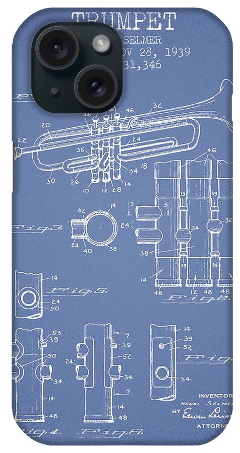 Trumpet iPhone Case featuring the digital art Trumpet Patent from 1939 - Light Blue by Aged Pixel
