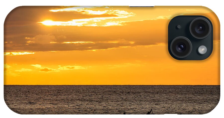 Hawaii iPhone Case featuring the photograph Two men paddling a Hawaiian outrigger canoe at sunset Maui Hawaii USA #4 by Don Landwehrle