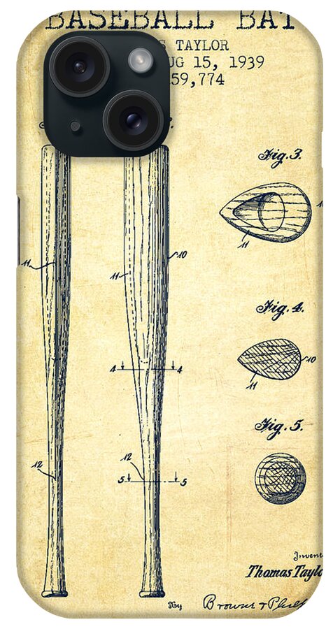 Baseball Bat iPhone Case featuring the drawing Vintage Baseball Bat Patent from 1939 #3 by Aged Pixel