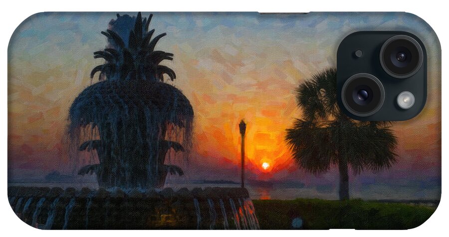 Pineapple Fountain At Waterfront Park In Downtown Charleston Sc iPhone Case featuring the digital art Pineapple Fountain at Dawn by Dale Powell