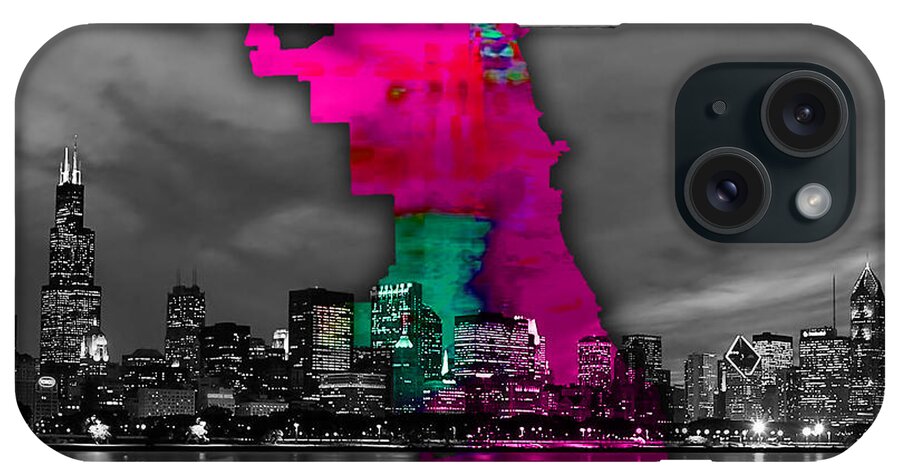 Chicago Art iPhone Case featuring the mixed media Chicago Map and Skyline Watercolor #9 by Marvin Blaine