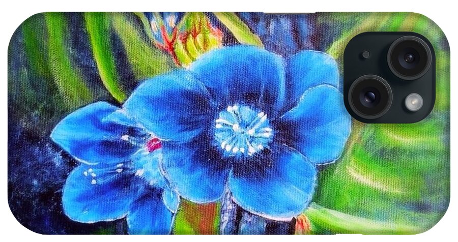 Nature Flower Painting Prussian Blue Flower With Asian Or Oriental Aesthetic Gray Blue Tree Limb And Bark Yellow Green Foliage Blue Black Textured Background Acrylic Painting iPhone Case featuring the painting Exotic Blue Flower Prize for Blue Dragonfly by Kimberlee Baxter