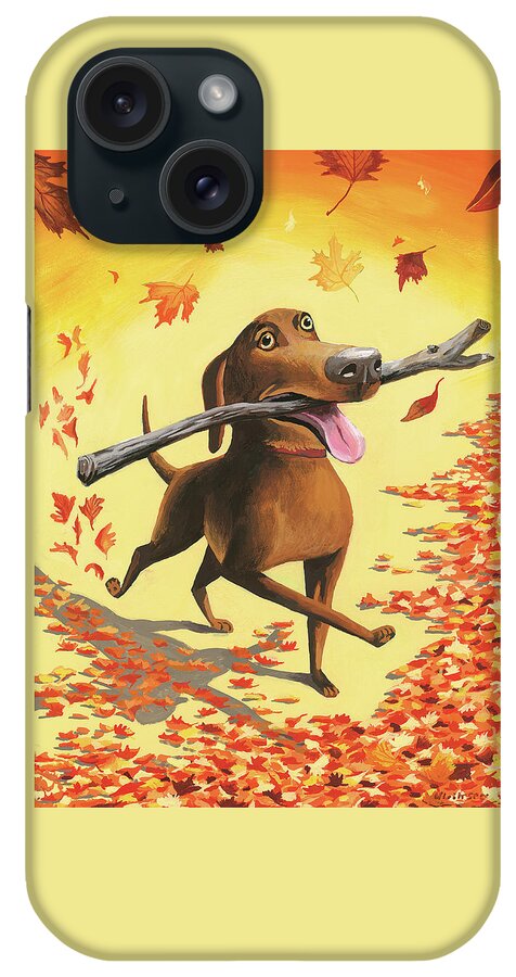 A Dog Carries A Stick Through Fall Leaves iPhone Case