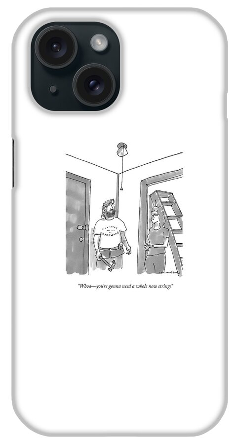 A Handyman Looks Up At A Pull-string Light Bulb iPhone Case