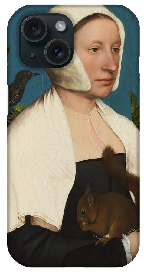 Hans Holbein The Younger iPhone Case featuring the painting A Lady with a Squirrel and a Starling #2 by Hans Holbein the Younger