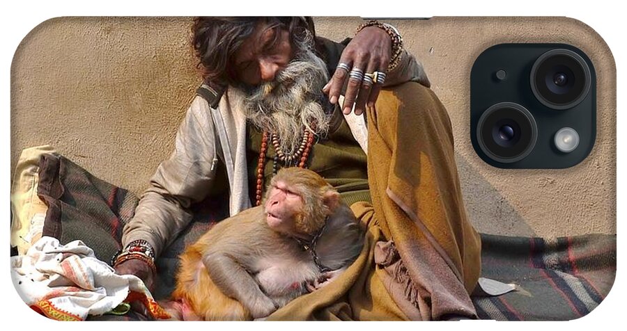 Portrait iPhone Case featuring the photograph A Man and His Monkey - Varanasi India by Kim Bemis