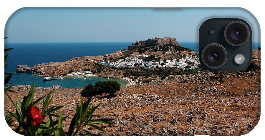 The Island Of Rhodes iPhone Case featuring the photograph A Red Flower To Lindos by Lorraine Devon Wilke