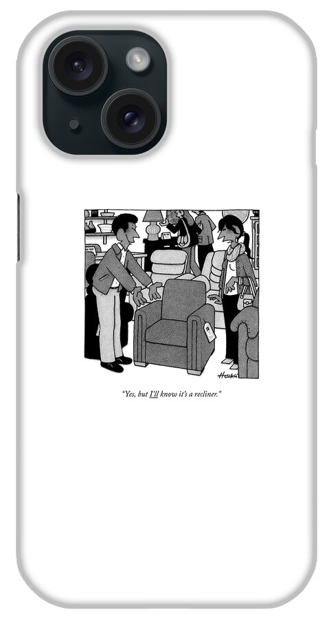 A Woman Looks At A Recliner Chair At A Store iPhone Case
