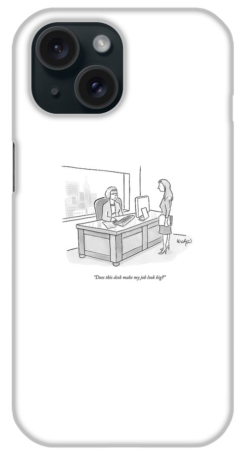 A Woman Sitting Behind A Large Desk Talks To An iPhone Case