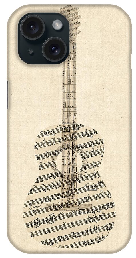 Acoustic Guitar iPhone Case featuring the digital art Acoustic Guitar Old Sheet Music by Michael Tompsett